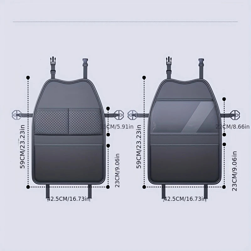 Diagram showing the kick-proof car seat back organiser dimensions in centimetres and inches
