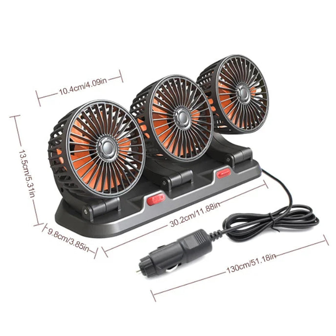 Triple-Head Dashboard Car Fan dimensions of 30.2 cm base width with 130 cm cigarette lighter power cable