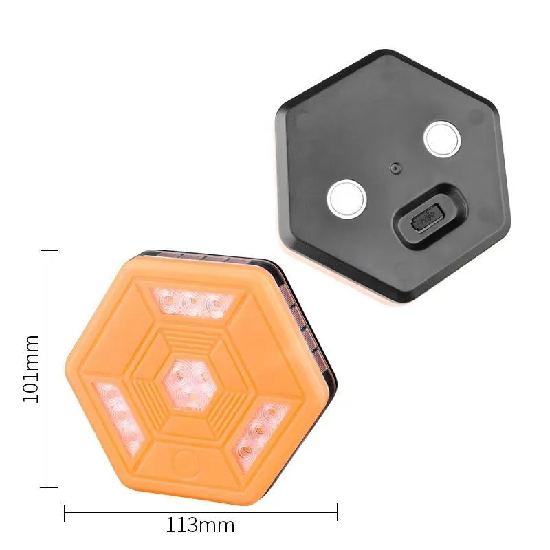 Rechargeable LED Road Flare front and rear views with 101mm by 113mm dimension measurements