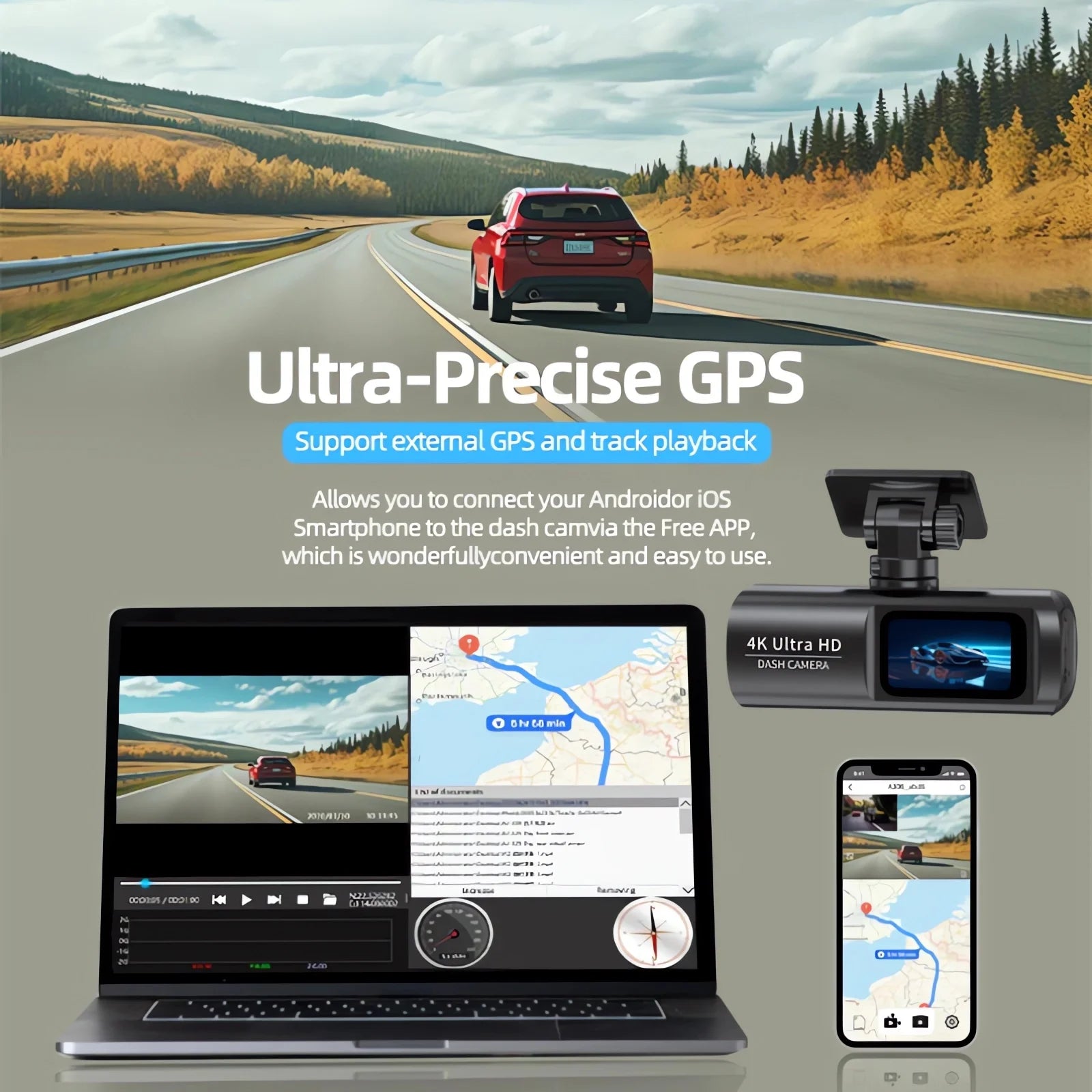 4K WiFi Dash Cam ultra-precise GPS feature showing a smartphone and laptop displaying recorded footage with track playback on a map while driving on a highway