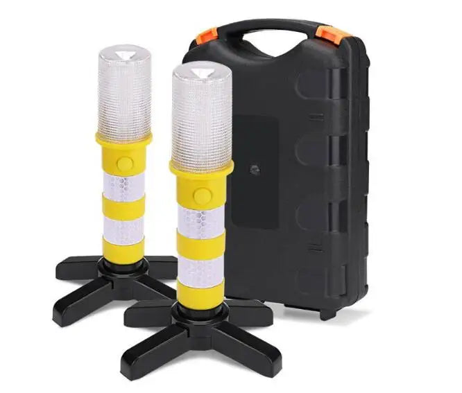 Two yellow and white Magnetic LED Warning Beacons on black stands beside a hard-shell carry case