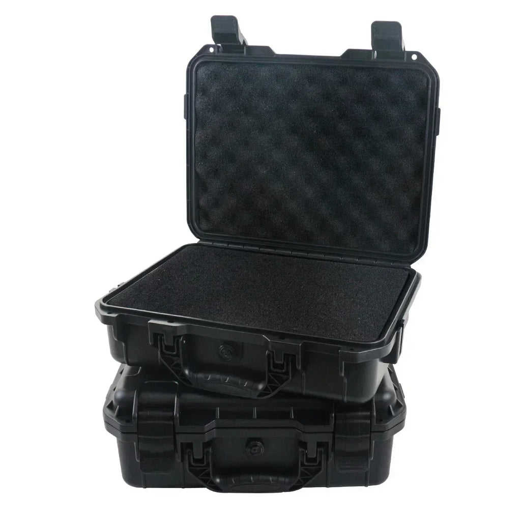 All-Weather Storage Case shown open and closed, stacked to show the protective foam interior