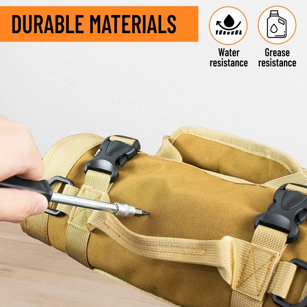 Close-up of a hand tightening a screwdriver on the strap buckle of the Field Khaki Canvas Tool Roll Organiser, with water-resistance and grease-resistance icons overlaid.