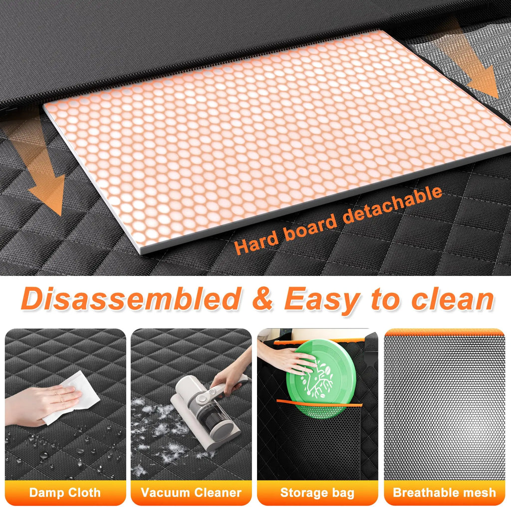 Heavy-Duty Dog Seat Extender detachable hard board insert, with cleaning by damp cloth and vacuum, storage bag and breathable mesh