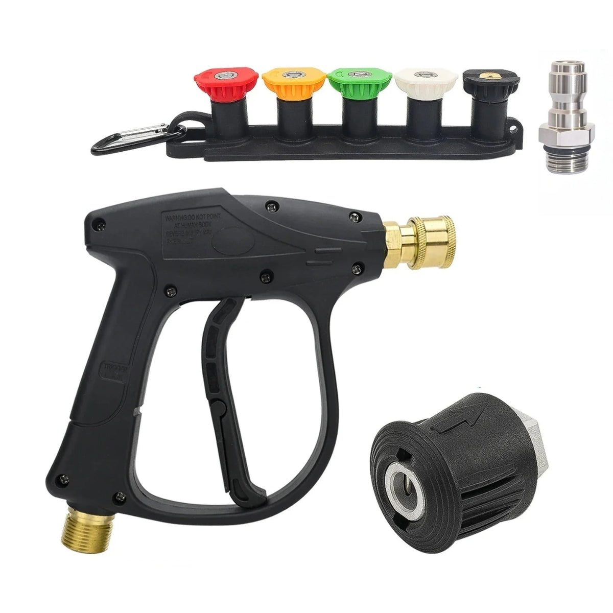 Pressure washer spray gun, five-nozzle quick-connect organiser and garden hose thread adapter laid out on a white background