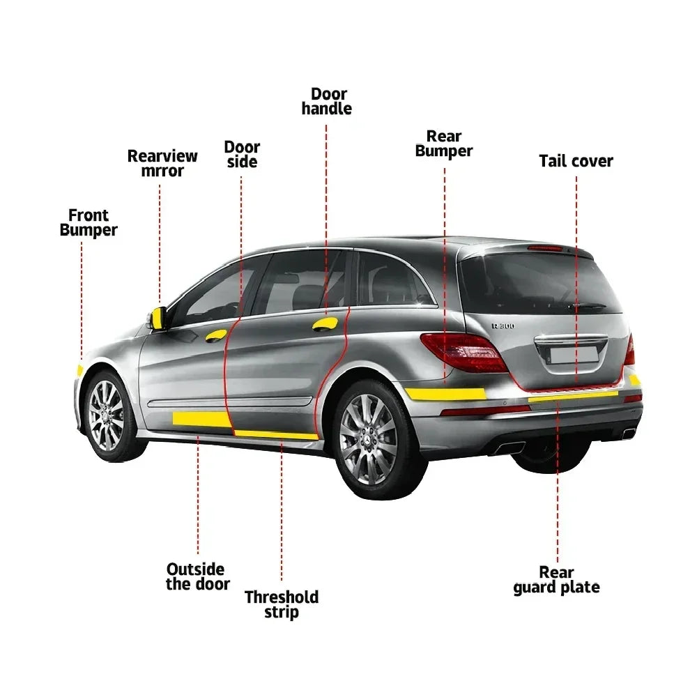Vehicle diagram showing recommended Matte Black Trim Wrap application areas including bumpers, mirrors and door handles