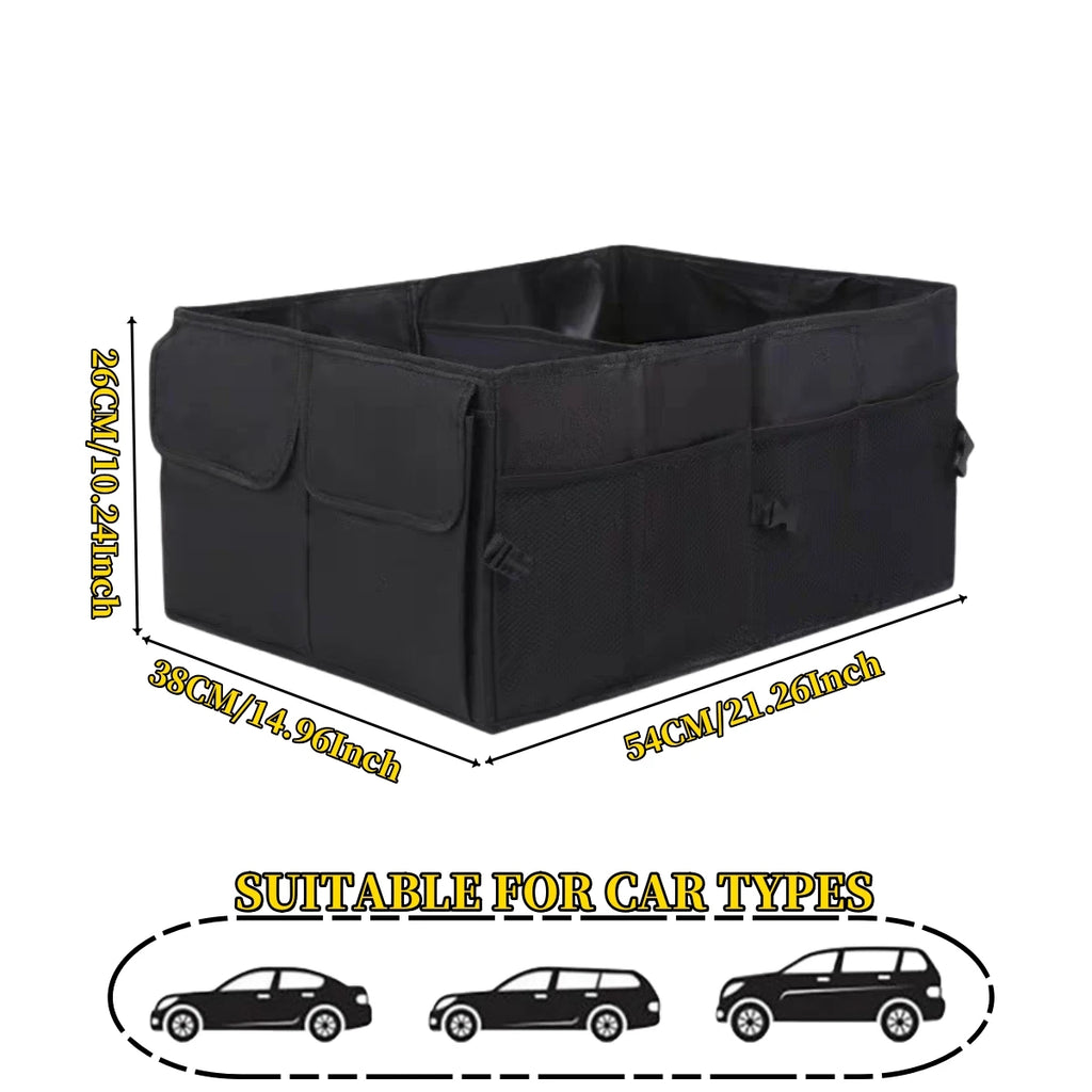 Car boot organiser dimensions 54cm length by 38cm width by 26cm height, suitable for sedans, wagons and SUVs