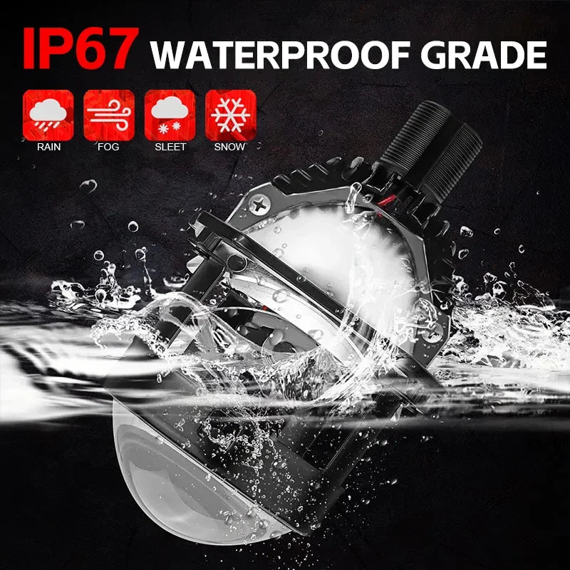 Bi-LED projector headlight lens splashing through water, illustrating its IP67 waterproof rating against rain, fog, sleet and snow