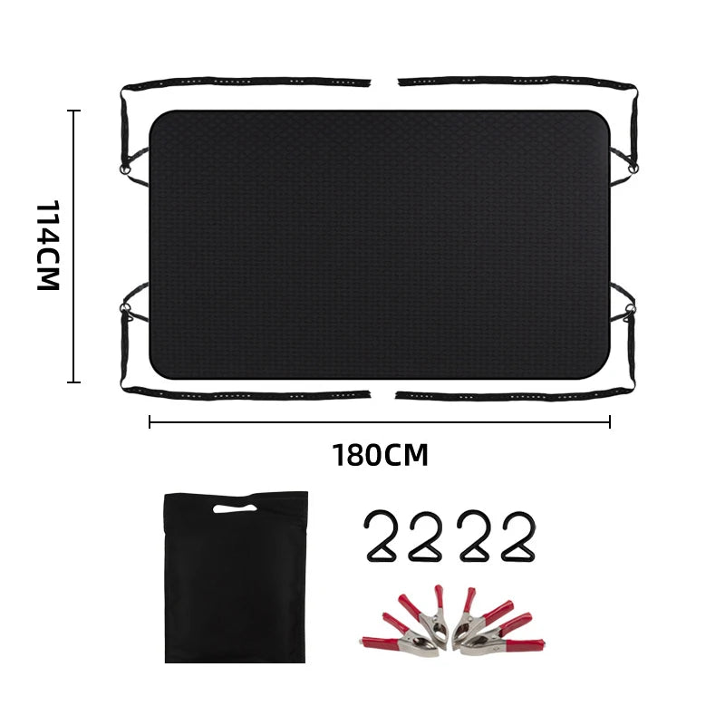 Rear Door Awning Shelter dimension diagram showing 180 cm by 114 cm, with storage bag, S-hooks and clamps included