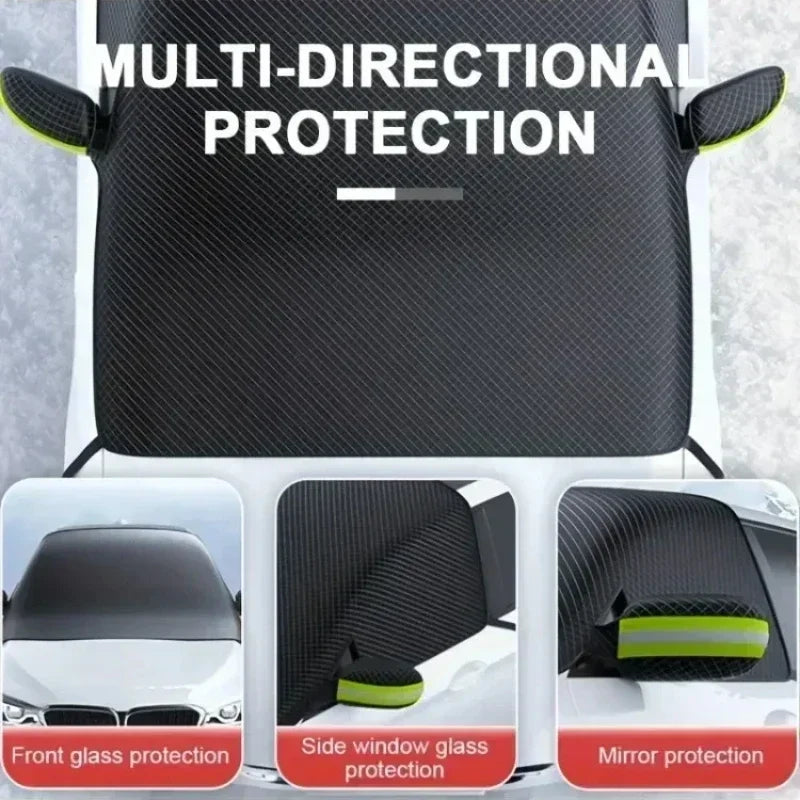Infographic demonstrating the Magnetic Windscreen Frost Cover's multi-directional protection for the front windscreen, side windows and side mirrors