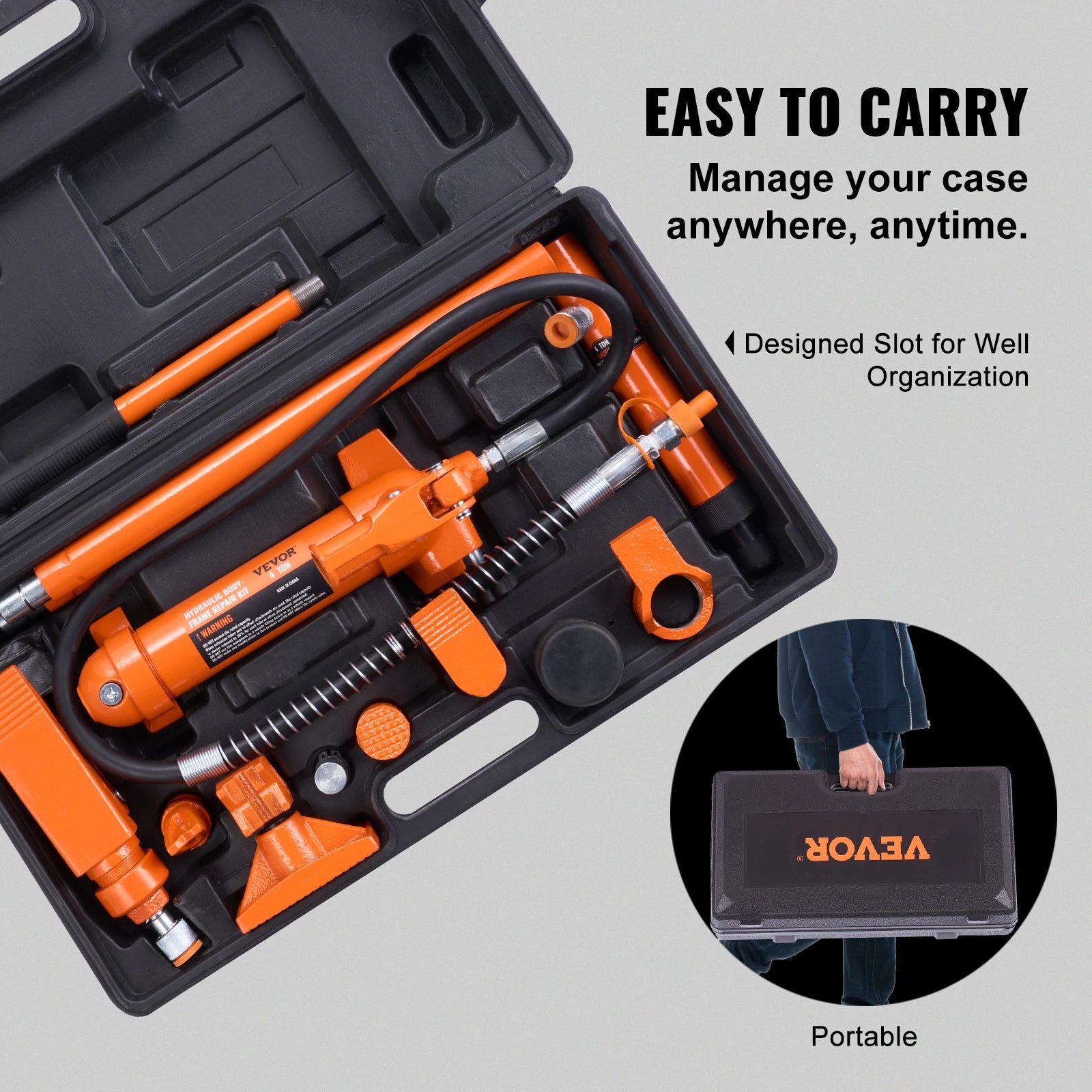 Hydraulic Porta Power Kit packed neatly into its portable carry case for storage and transport