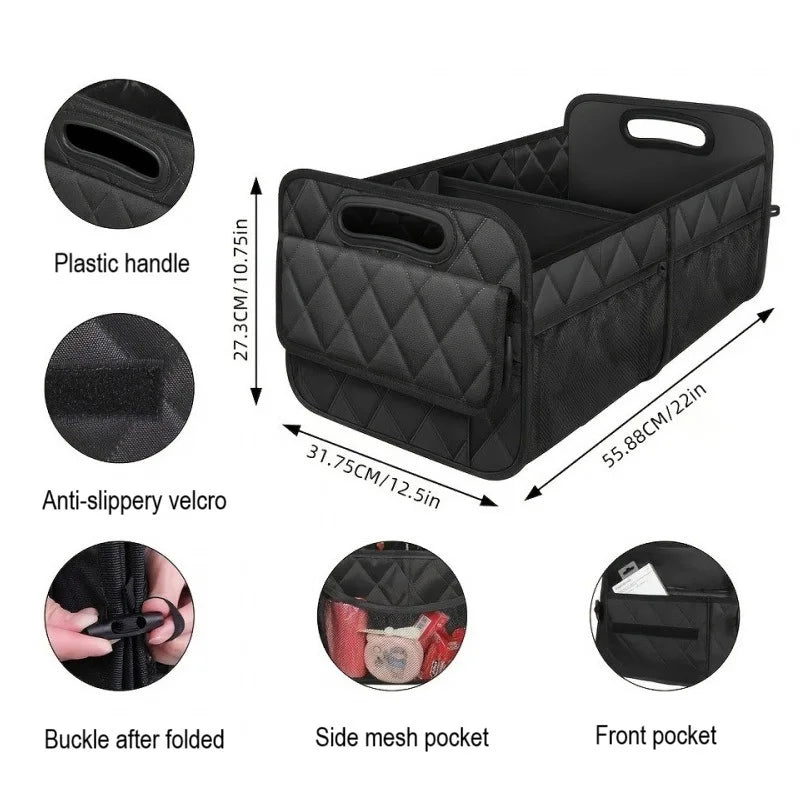 Waterproof Car Boot Organiser feature diagram showing plastic carry handle, anti-slip Velcro base, folding buckle, side mesh pocket and front storage pocket with dimensions 55.88cm x 31.75cm x 27.3cm