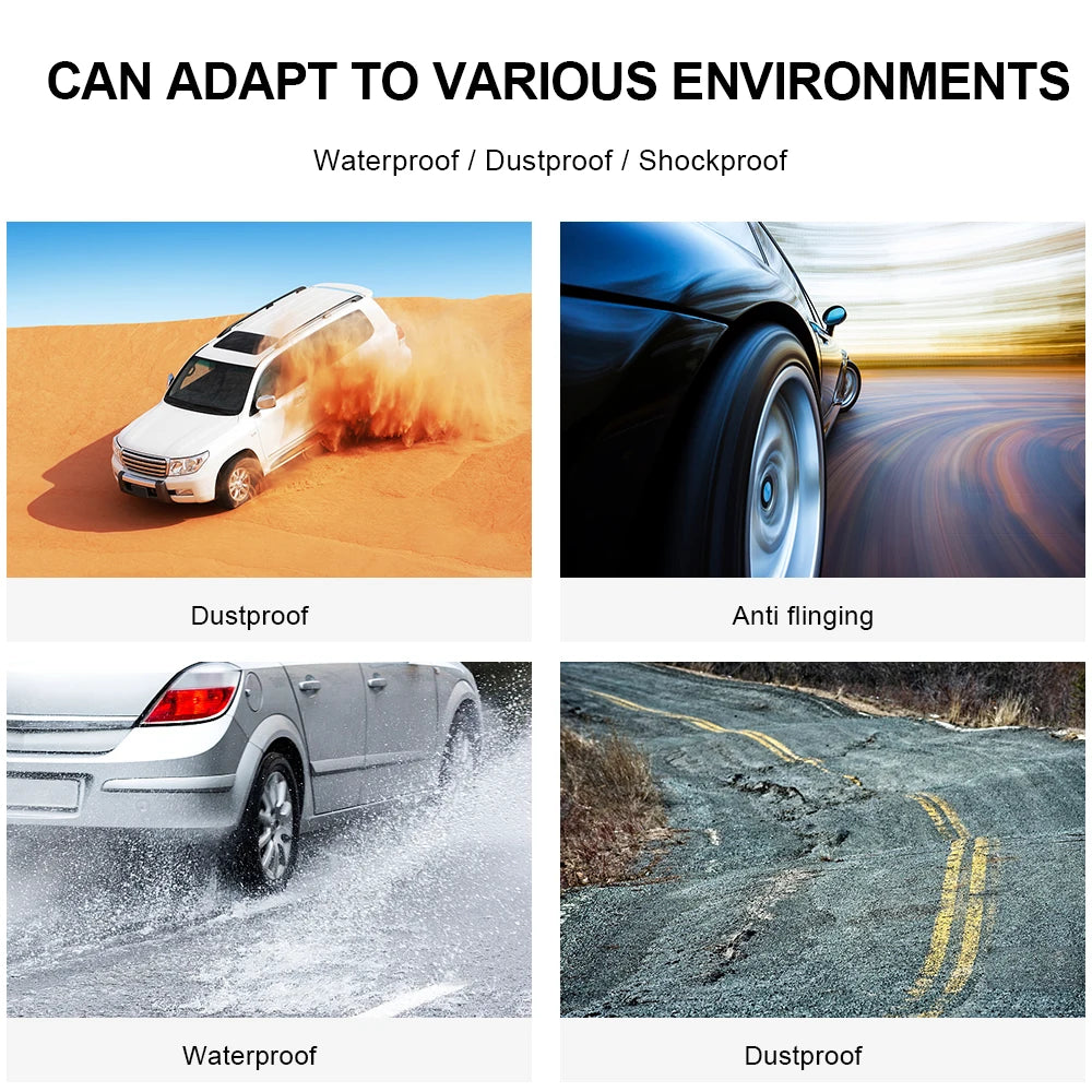 Solar Tyre Pressure Monitoring System shown adapting to dusty off-road and rainy driving conditions
