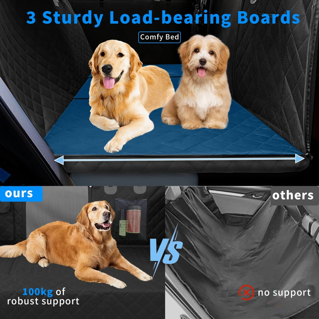 Two dogs resting on the Tri-Board Dog Seat Extender with load-bearing boards, compared with an unsupported seat cover that sags