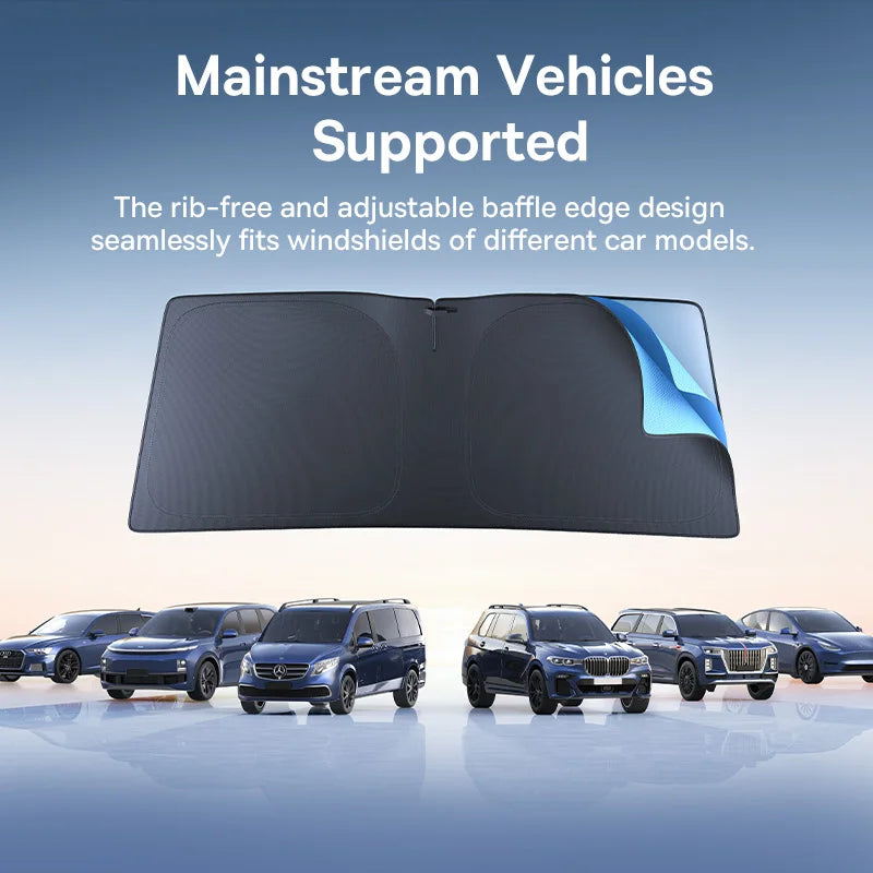 UV-Block Windscreen Sun Shade mainstream vehicle fit diagram, shade shown open with reflective blue inner layer above a row of sedans, vans and SUVs