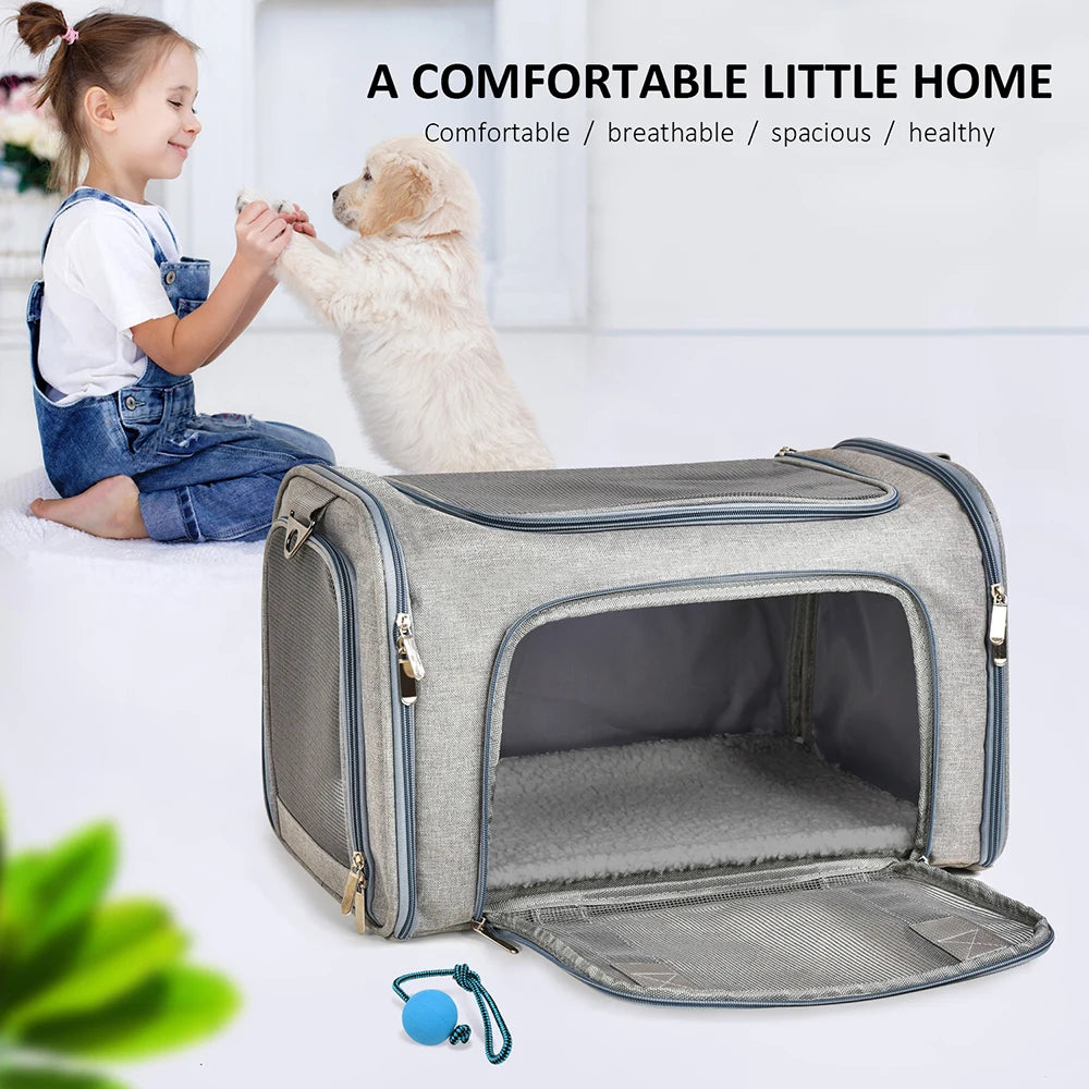 Pet Carrier Backpack opened flat showing interior compartments and what's included