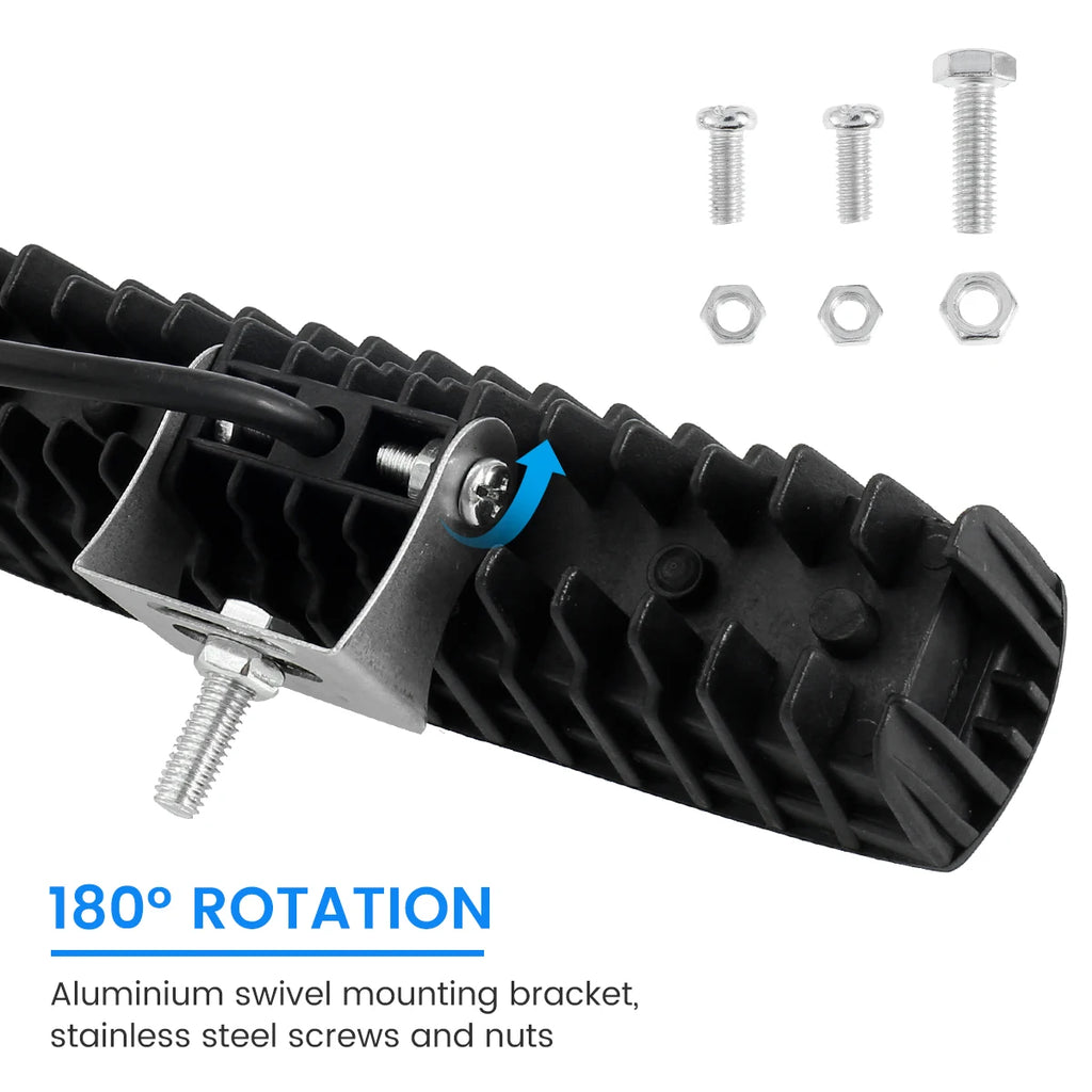 Rear of Compact LED Work Light showing 180-degree aluminium swivel mounting bracket with stainless steel screws and nuts