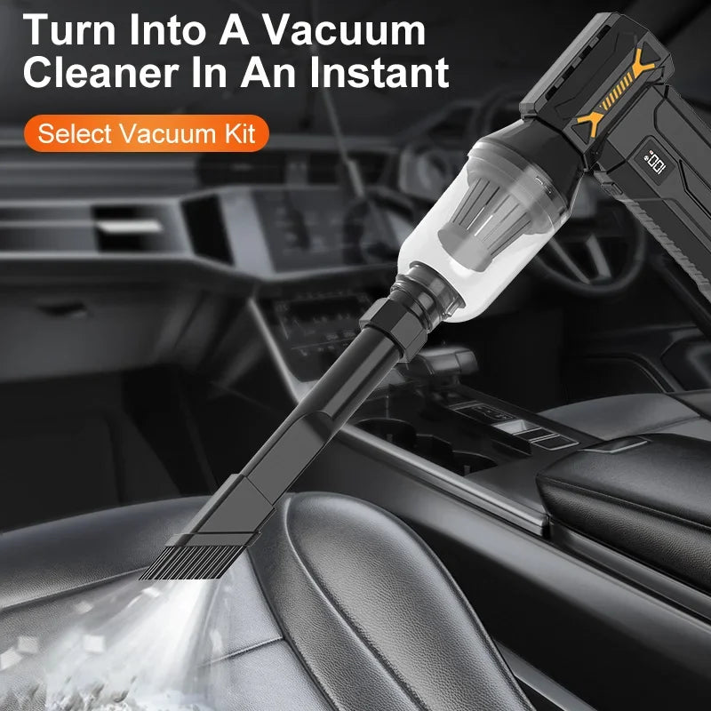 Cordless Turbo Jet Blower with vacuum kit attached, cleaning dust from a car interior between the seats