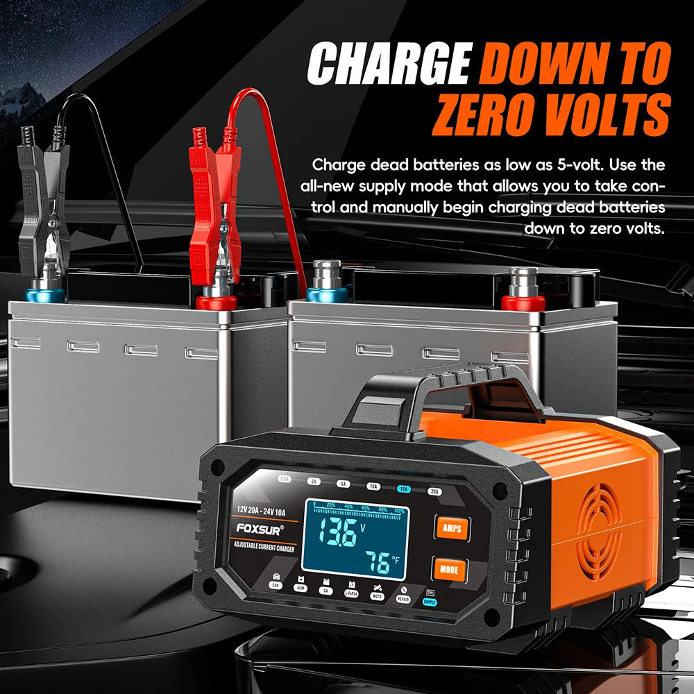 20A Smart Battery Charger clamped to two 12V batteries, with supply mode for recovering deeply discharged batteries