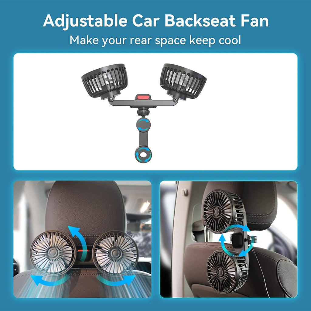 Dual-Head Headrest Cooling Fan adjustable car backseat fan product render with two lifestyle photos showing tilt and swivel adjustment on a headrest
