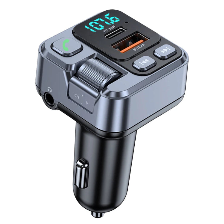 Fast-Charge Bluetooth FM Transmitter with LED frequency display, call button, USB-C and USB-A ports on a white background