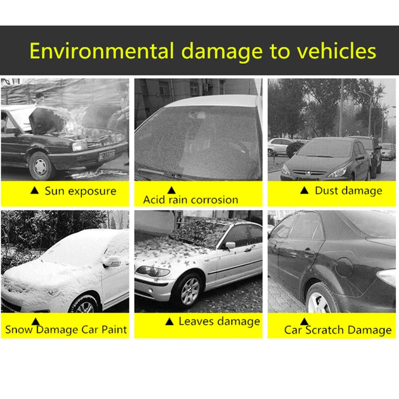 Grid of environmental damage to unprotected vehicles including sun exposure, acid rain corrosion, dust damage, snow damage, leaf damage and scratch damage