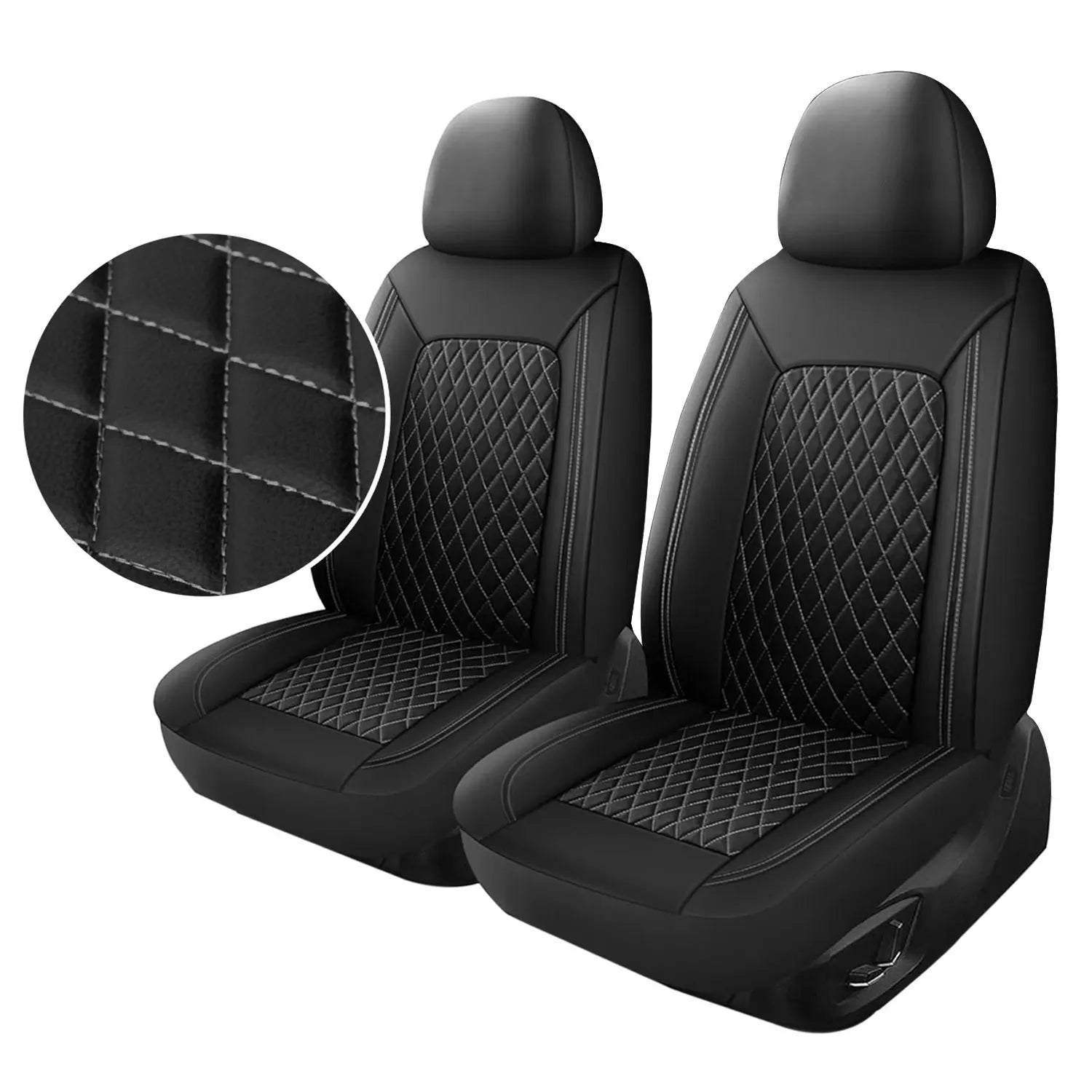 Black quilted leather car seat covers on white background, duplicate stitching detail view