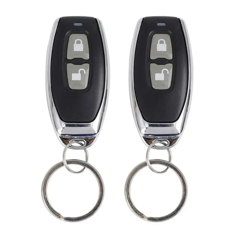 Two remote key fobs with lock and unlock buttons included in the Universal Keyless Entry Kit