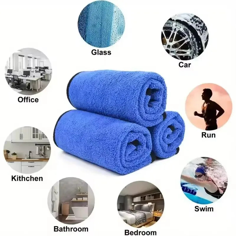 Infographic showing microfibre car wash towel uses across glass, car, office, kitchen, bathroom, bedroom and gym surfaces