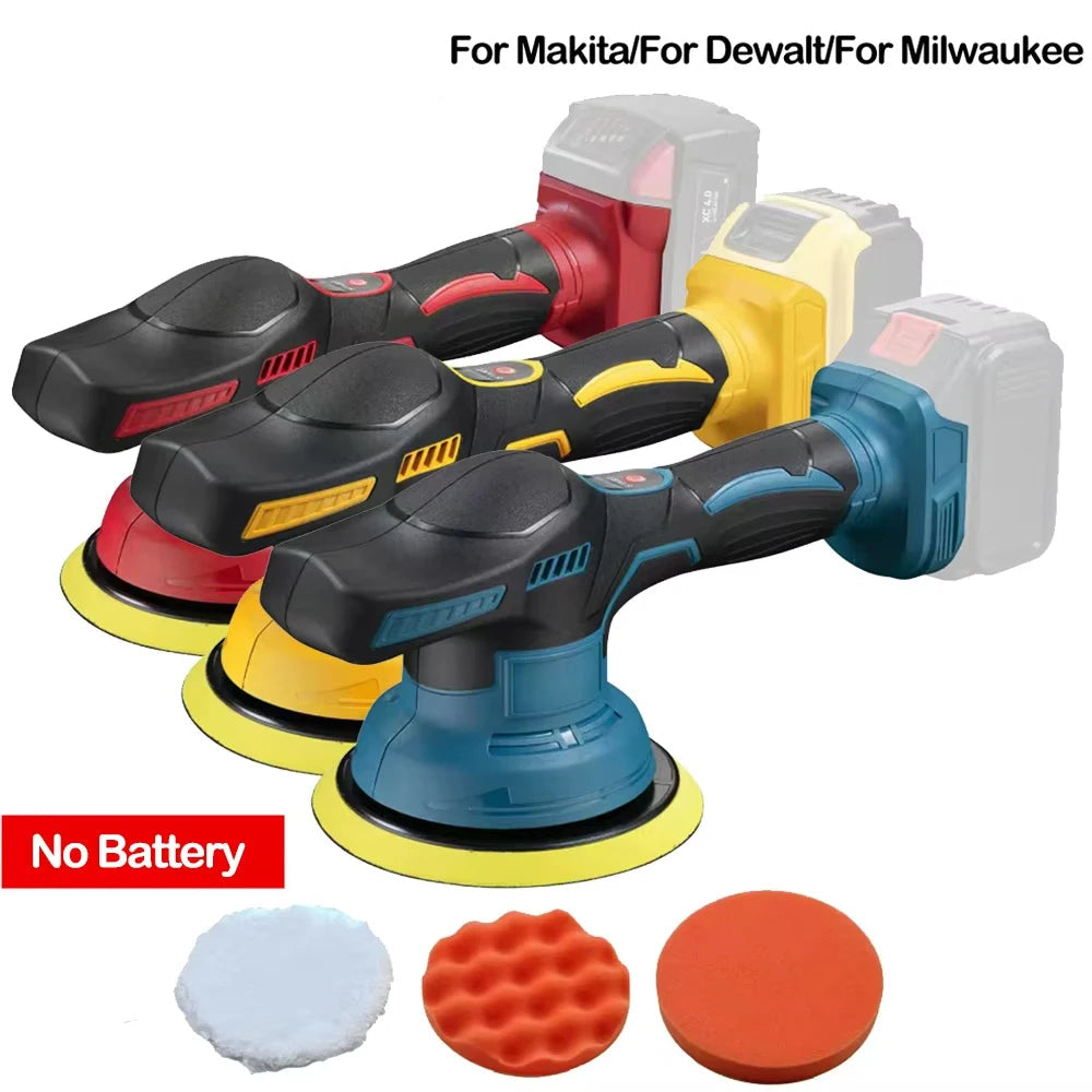 Cordless Car Polisher shown in red, yellow and blue variants compatible with Makita, DeWalt and Milwaukee 18V batteries, sold without battery