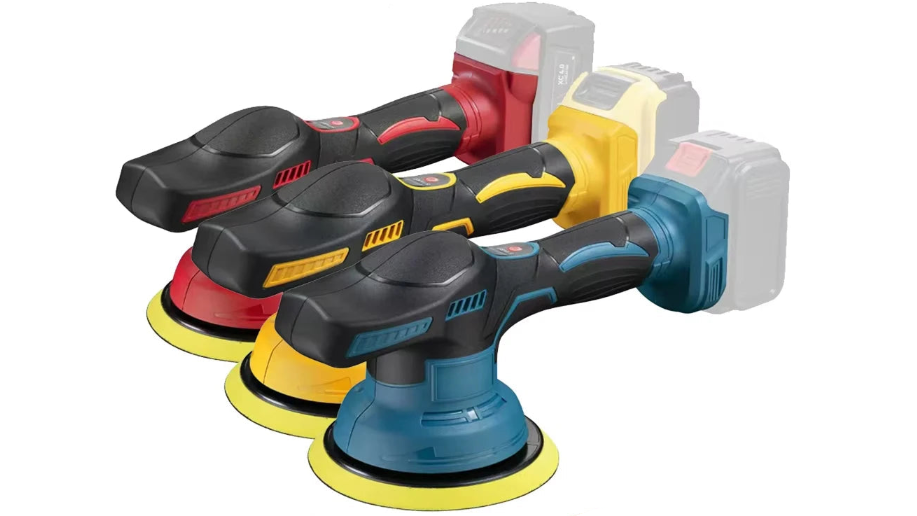 Three cordless orbital sanders in black, red, and yellow are shown with their respective battery packs, plus three polishing pads at the bottom and text reading 'For Makita/For Dewalt/For Milwaukee' and 'No Battery'.