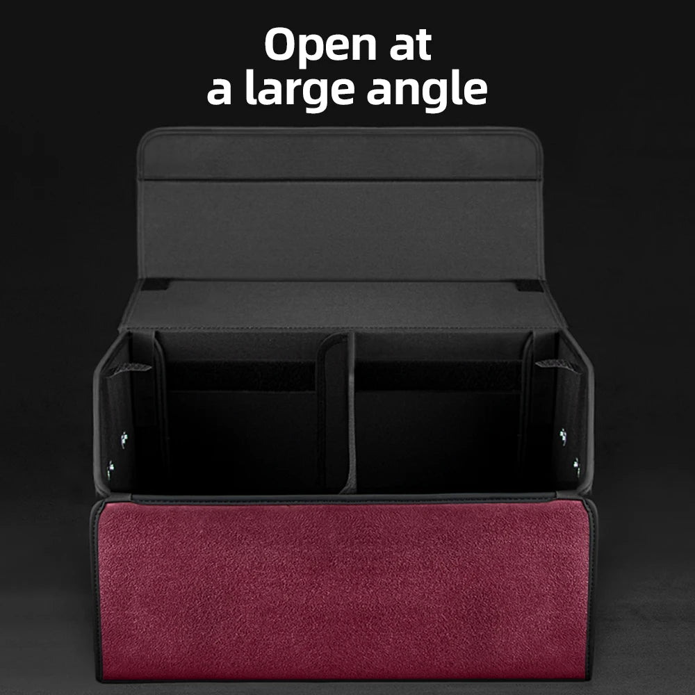 Suede Leather Boot Organiser opened at a large angle showing the internal partition and burgundy suede base