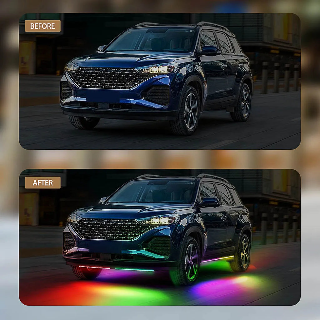 Before and after comparison showing a car with the RGB Underglow Light Kit installed and glowing beneath the vehicle