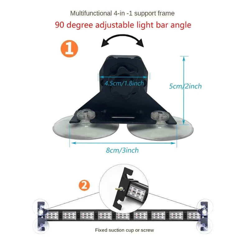 Adjustable suction cup bracket for the LED Bumper Strobe Light Strip with 90 degree angle adjustment and fixed-base mounting option