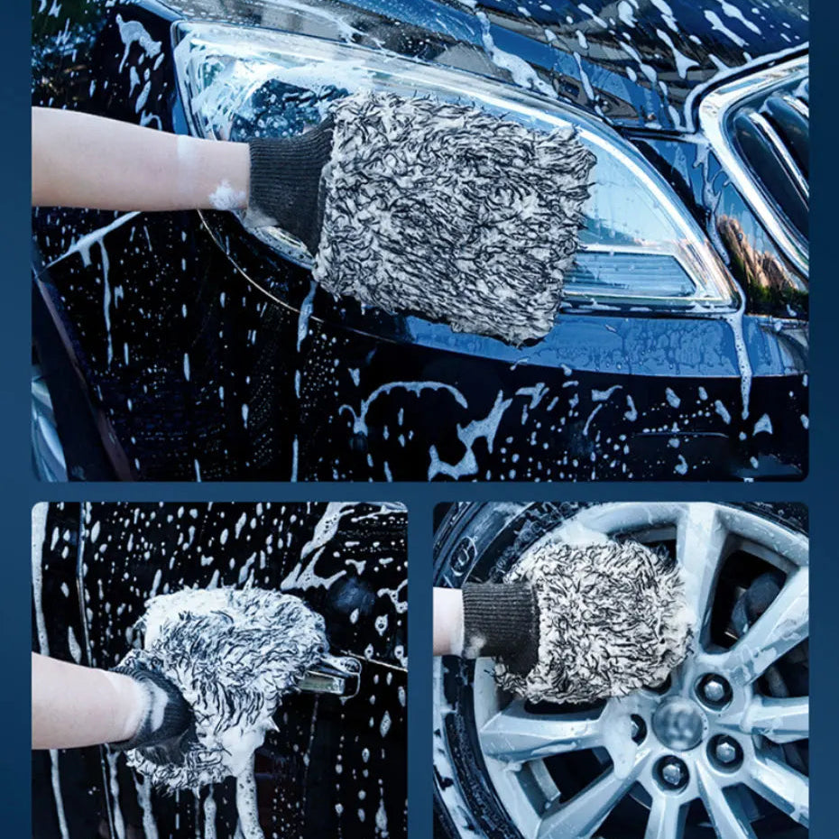 Two-panel image of the flexible microfibre car wash mitt removing stains from a car alloy wheel
