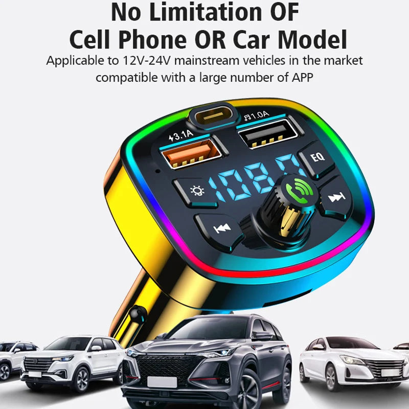 Hands-Free Bluetooth FM Transmitter compatible with 12–24V cars and SUVs
