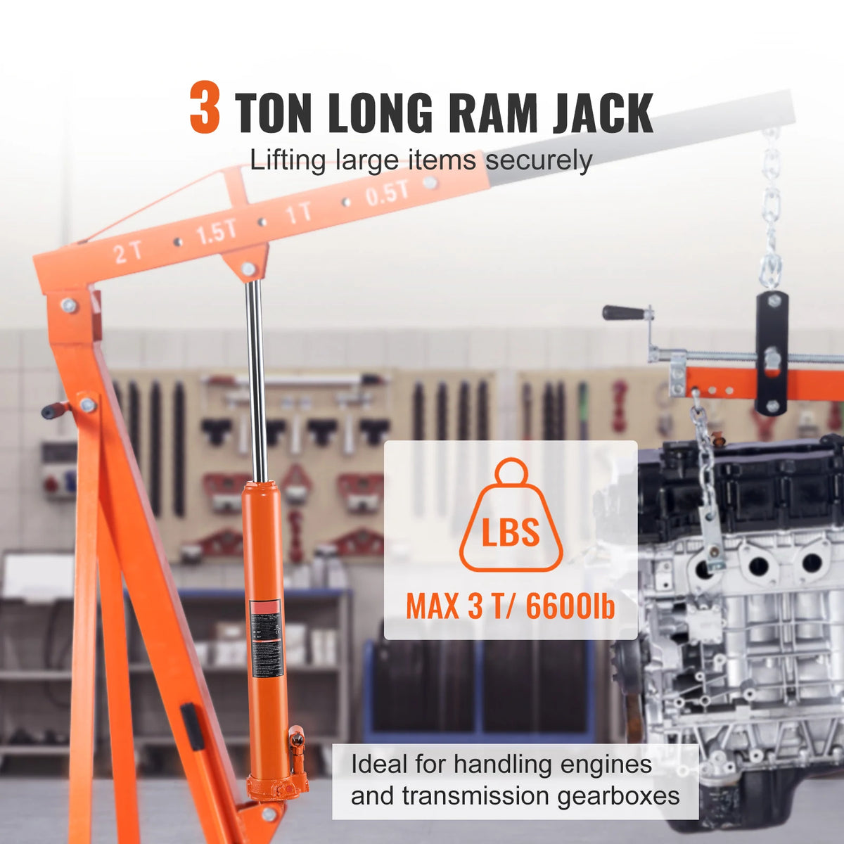 3 tonne Hydraulic Long Ram Jack fitted to an engine crane lifting an engine in a workshop
