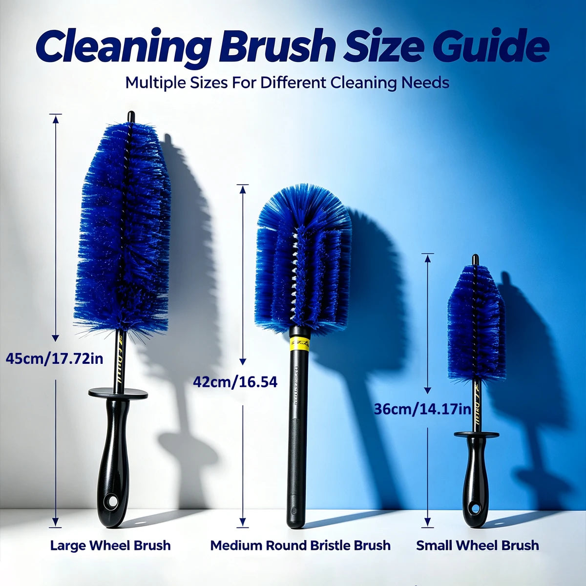 Size guide comparing the large 45cm, medium 42cm and small 36cm wheel cleaning brushes in the set