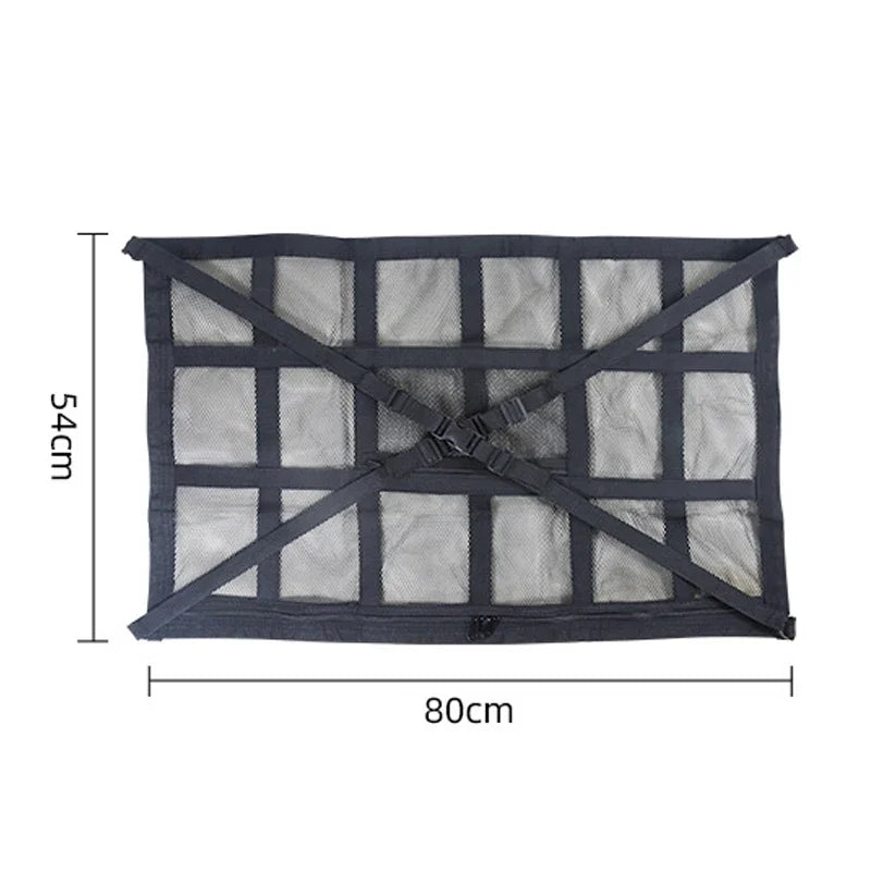 Black mesh car roof cargo net on white background showing 54cm x 80cm dimensions