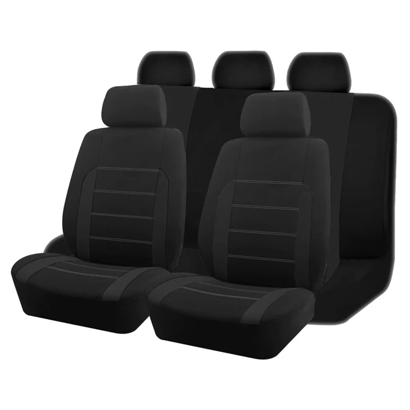 Universal Car Seat Covers in black fitted across a full row of front and rear seats