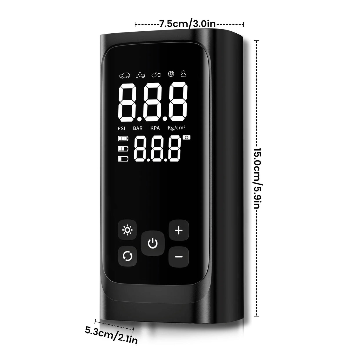 Rechargeable Digital Tyre Pump dimensions of 15 cm high, 7.5 cm wide and 5.3 cm deep
