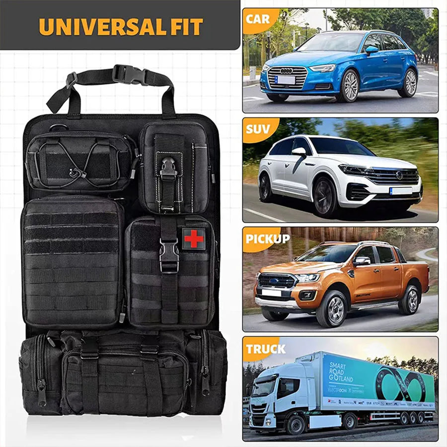 Universal fit infographic showing the heavy-duty car back seat organiser mounted in a range of vehicle types including sedans, utes and trucks.