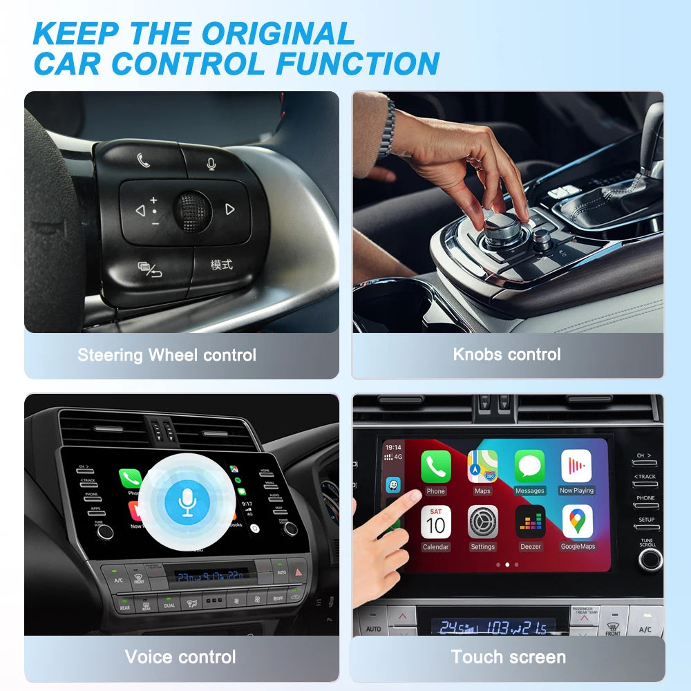 2-in-1 Wireless CarPlay Dongle keeps original car controls: steering wheel buttons, rotary knob, voice control and touchscreen