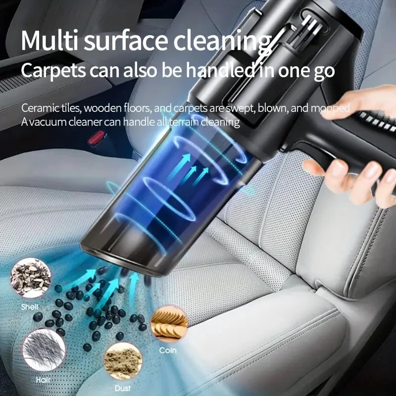 Cordless Car Vacuum & Blower suctioning dust, hair and debris from a light grey car seat