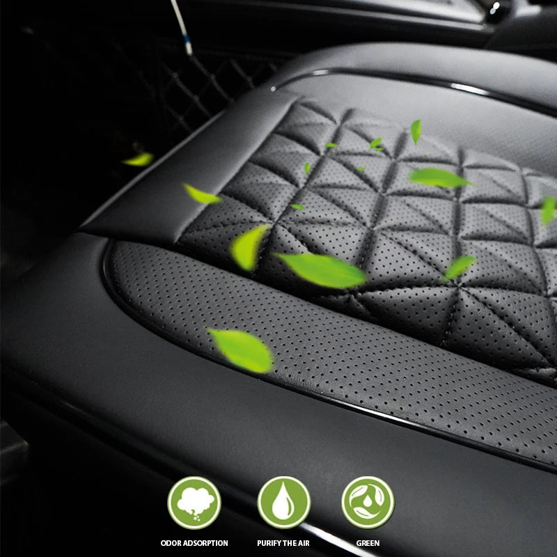 Front Seat Cushion Cover fitted to a car seat with graphic leaves illustrating odour adsorption and air purifying properties