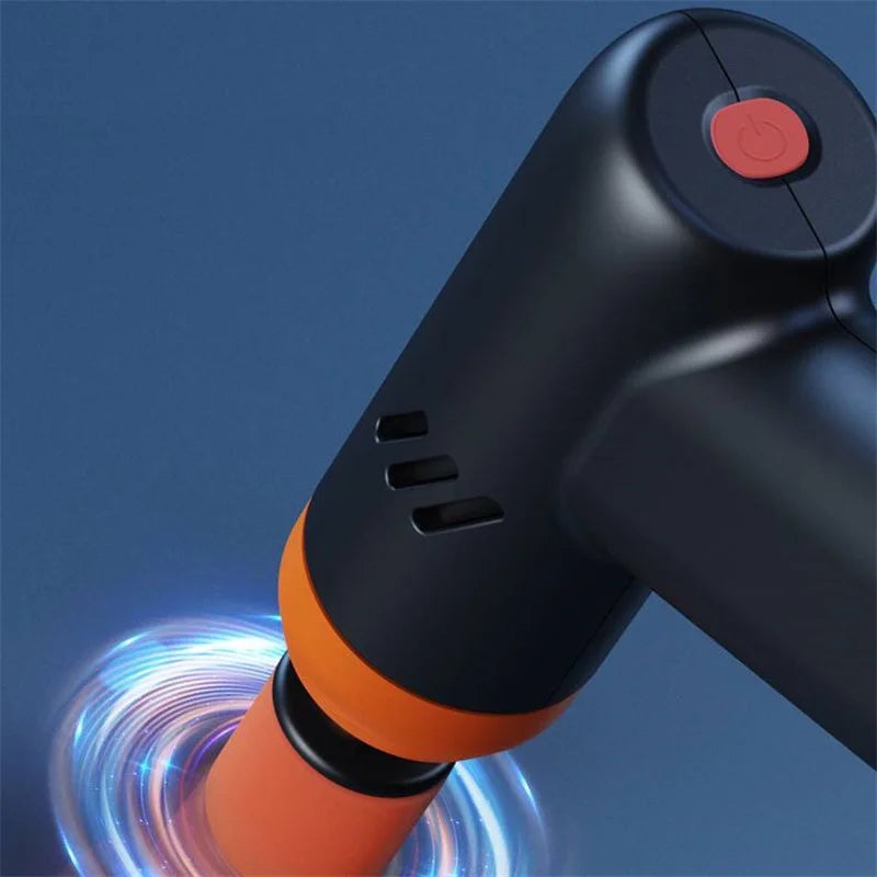 Close-up of the Cordless Mini Polisher's power button, air vents and spinning orange polishing pad with motion light trail