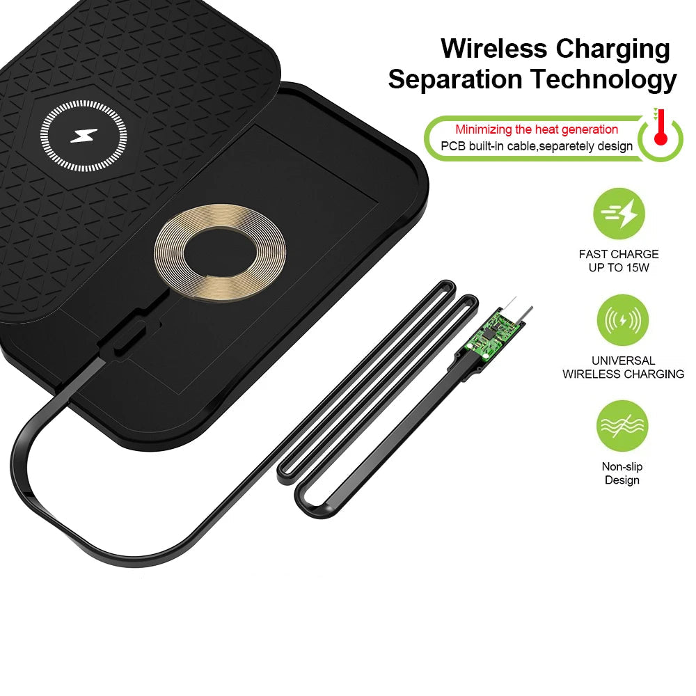 Exploded view of a non-slip wireless charging pad showing the charging coil and separate built-in cable