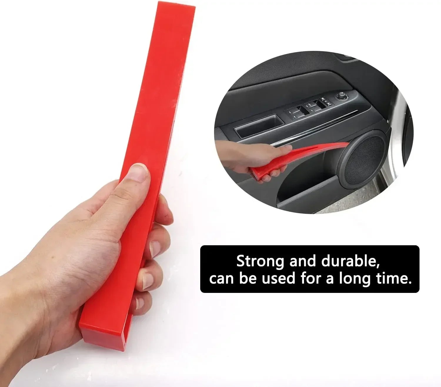 Car Dent Repair Kit red trim removal tool being used on a car door panel edge