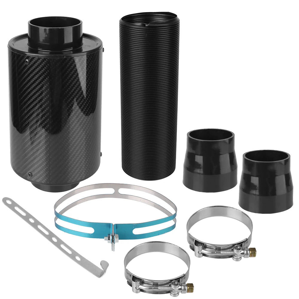 Carbon Fibre Cold Air Intake kit including filter housing, flexible hose, rubber reducer couplers, mounting bracket and hose clamps