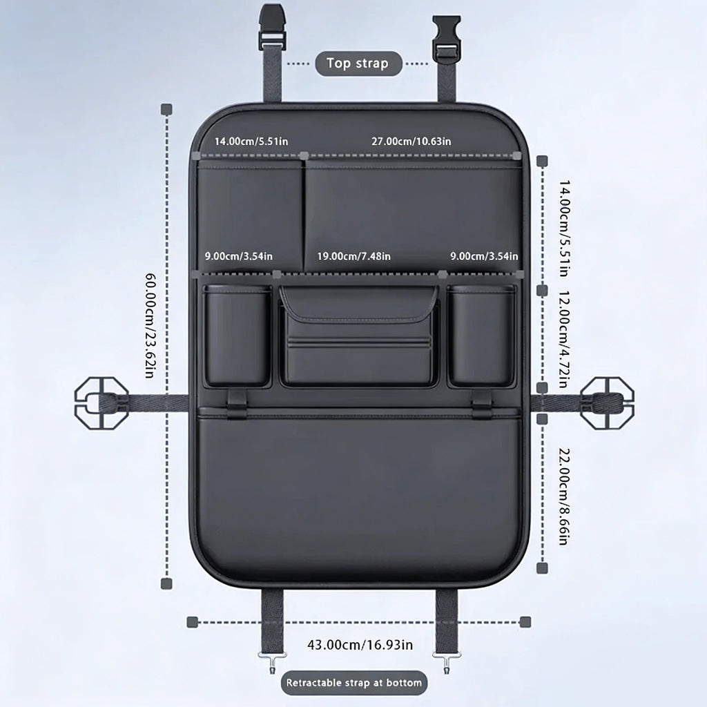 Car backseat organiser dimension diagram showing 60cm height, 43cm width and pocket measurements